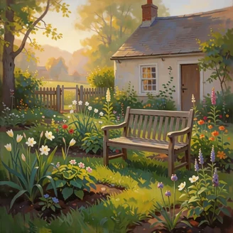 A peaceful garden bench beside a small cottage, representing Faith, Love & Hope