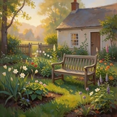 Peaceful cottage garden and bench representing the Faith, Love and Hope series