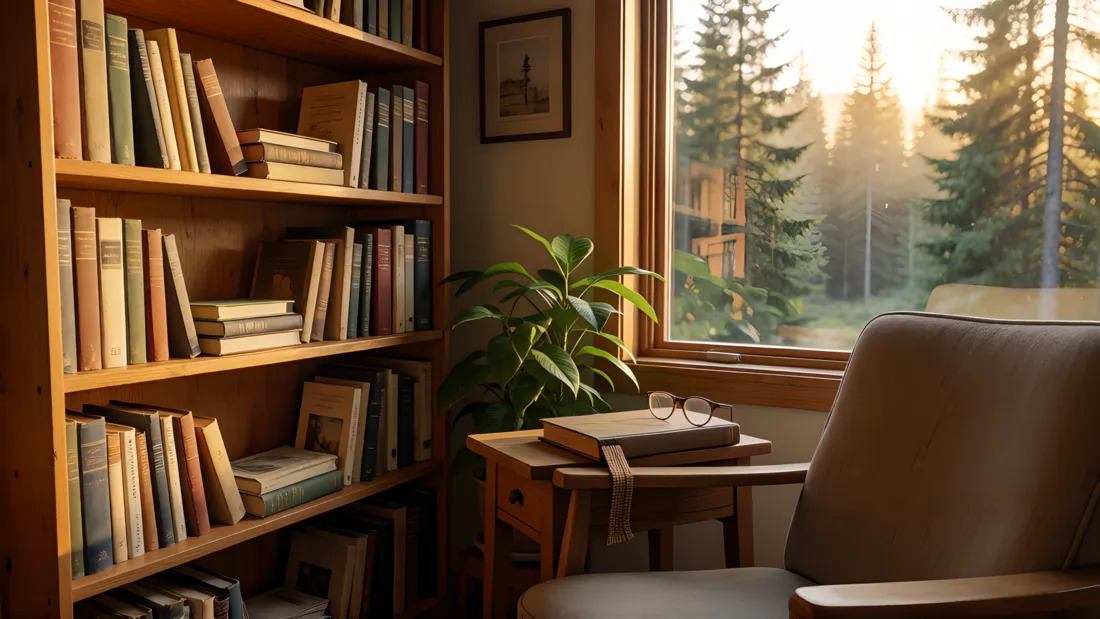 A quiet reading corner with books, a chair, and morning light