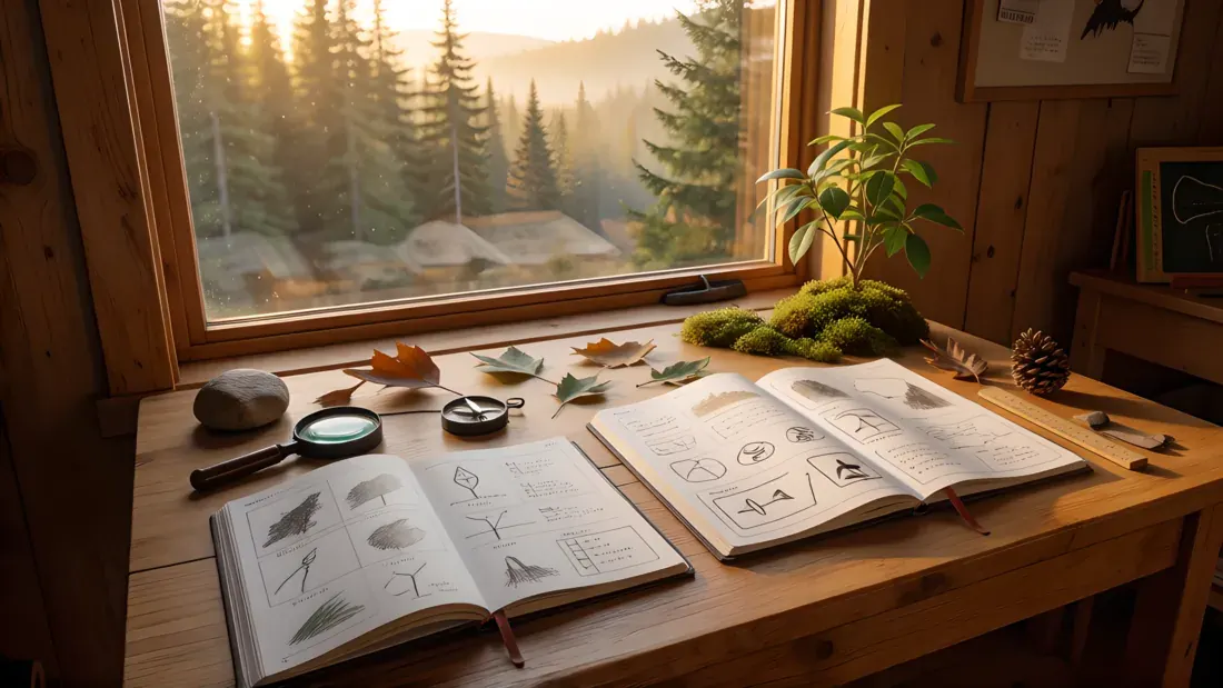 Educational workbooks, a magnifying glass, compass, and natural objects on a wooden table