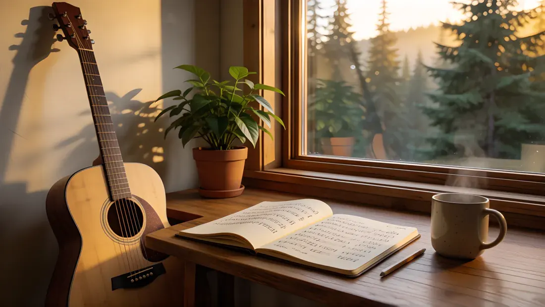 An acoustic guitar and songwriting notebook beside a window overlooking the forest