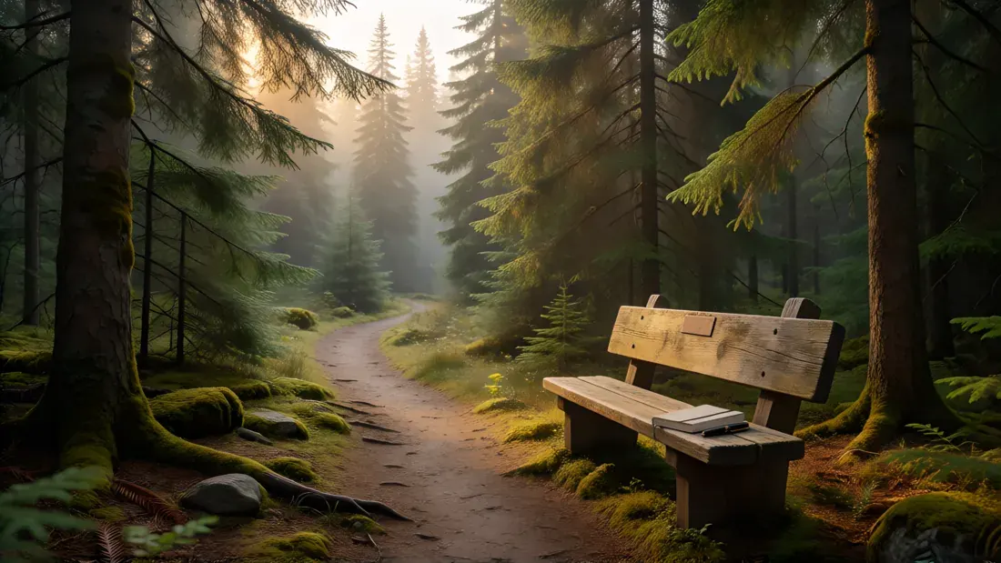 A peaceful forest trail with a wooden bench and notebook in morning light