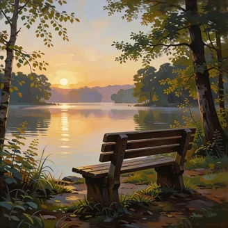 A quiet lakeside bench at sunset, representing Donna De Witt’s memoir projects