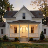 White farmhouse with a warmly glowing porch light, representing The Porch Light Series