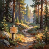 Sunlit forest trail with a wooden sign, representing The Wildwood Adventures